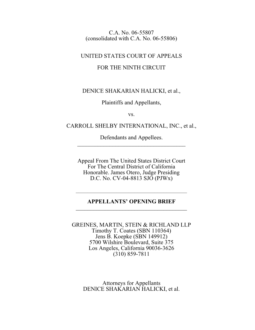 Halicki V. Carroll Shelby International, Et Al. Appellants' Opening Brief