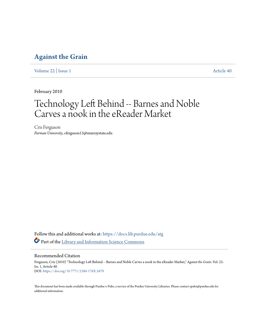 Barnes and Noble Carves a Nook in the Ereader Market Cris Ferguson Furman University, Cferguson13@Murraystate.Edu