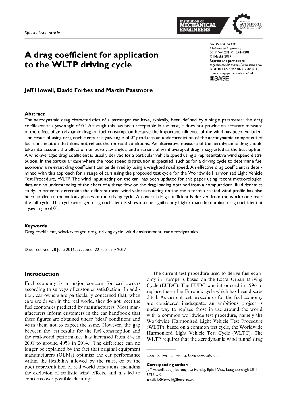 A Drag Coefficient for Application to the WLTP Driving Cycle