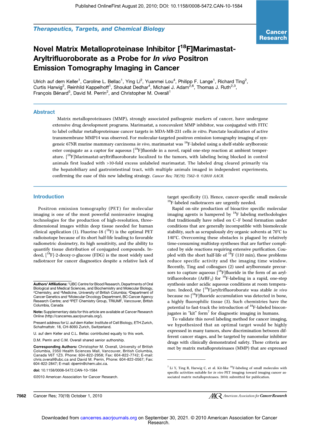 Novel Matrix Metalloproteinase Inhibitor [ F]Marimastat