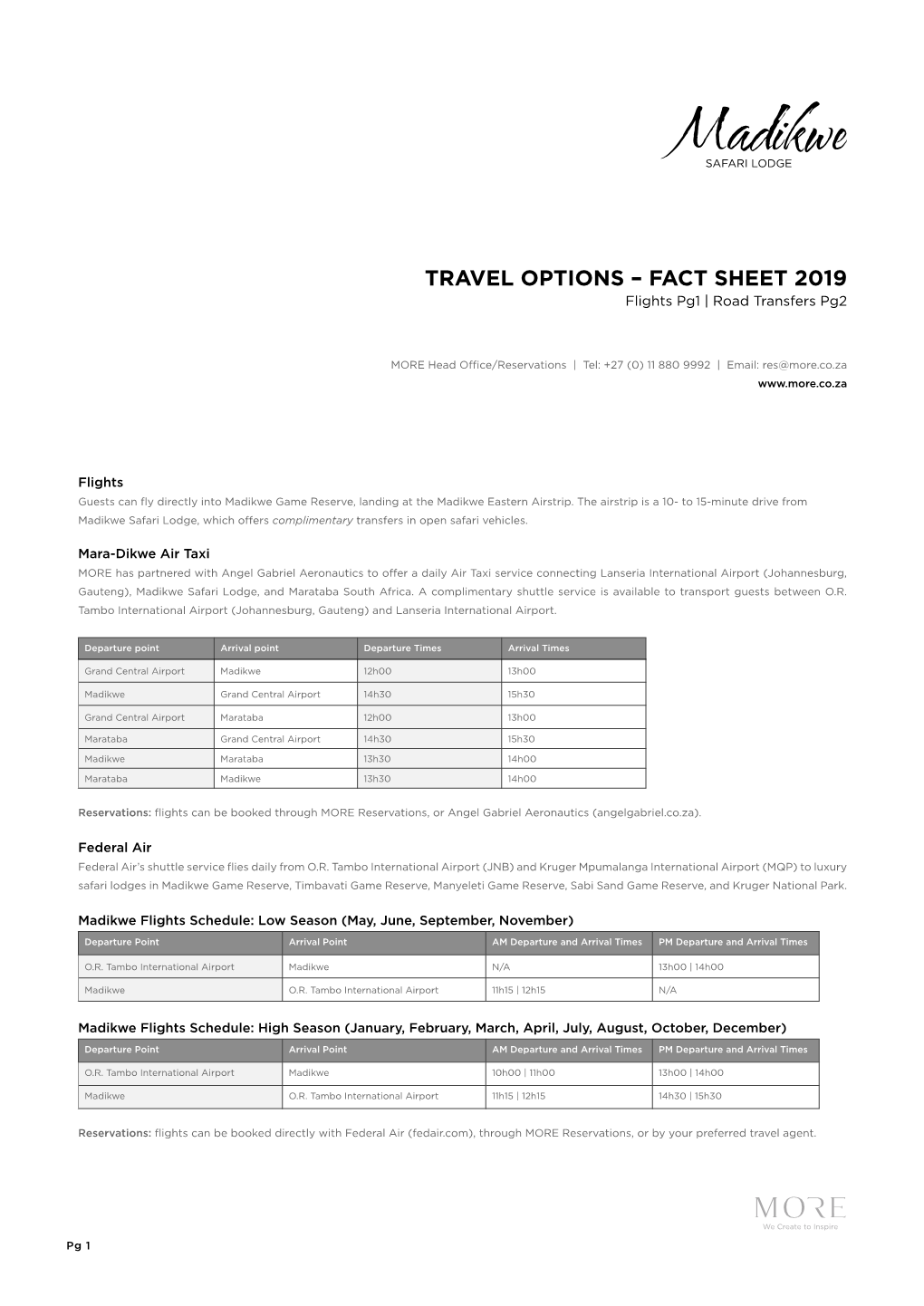 TRAVEL OPTIONS – FACT SHEET 2019 Flights Pg1 | Road Transfers Pg2