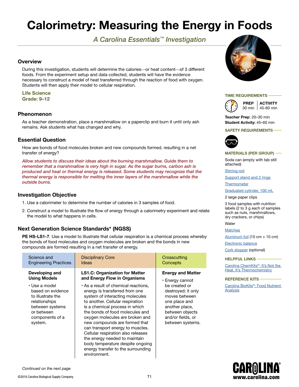 Calorimetry: Measuring the Energy in Foods a Carolina Essentials™ Investigation