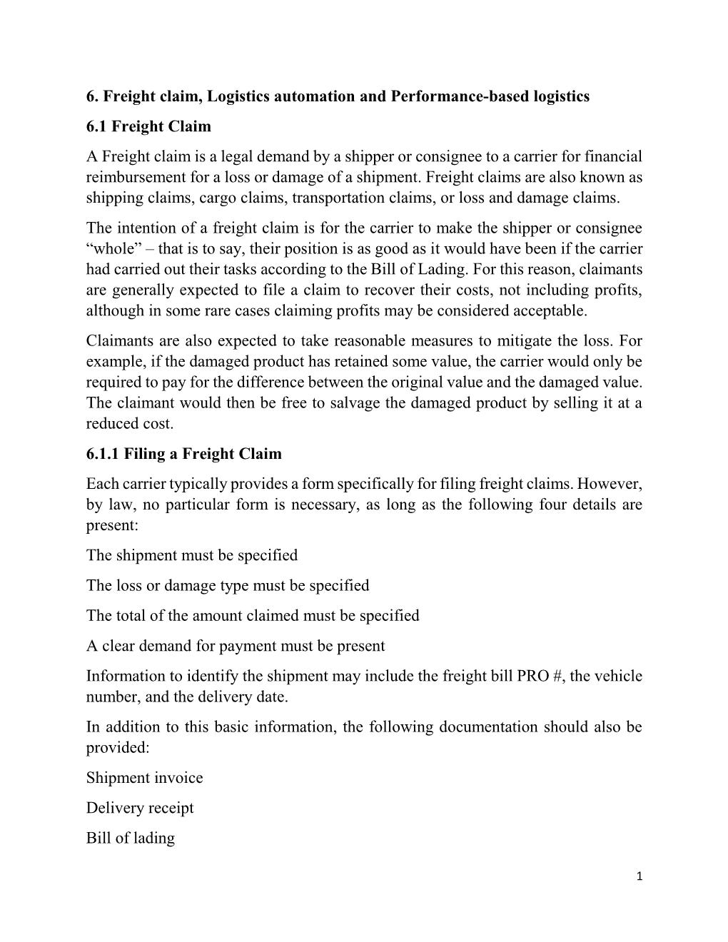 6. Freight Claim, Logistics Automation and Performance-Based Logistics