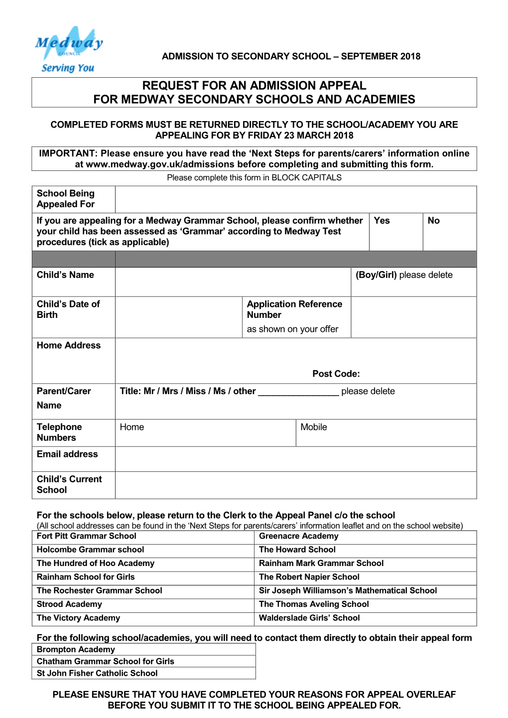 Request for an Admission Appeal for Medway Secondary Schools and Academies