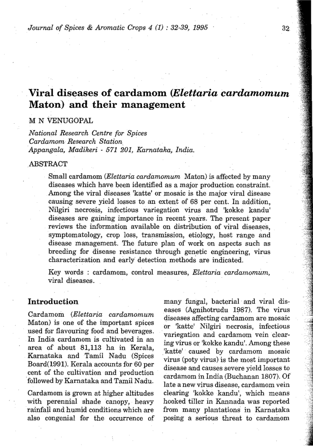 Viral Diseases of Cardamom (Elettaria Cardamomum Maton) and Their Management