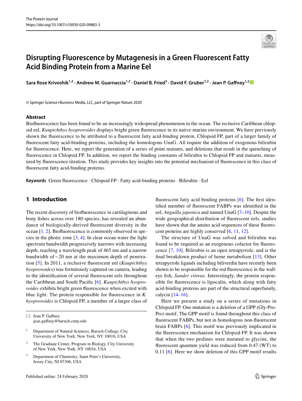 Disrupting Fluorescence by Mutagenesis in a Green Fluorescent Fatty Acid Binding Protein from a Marine Eel