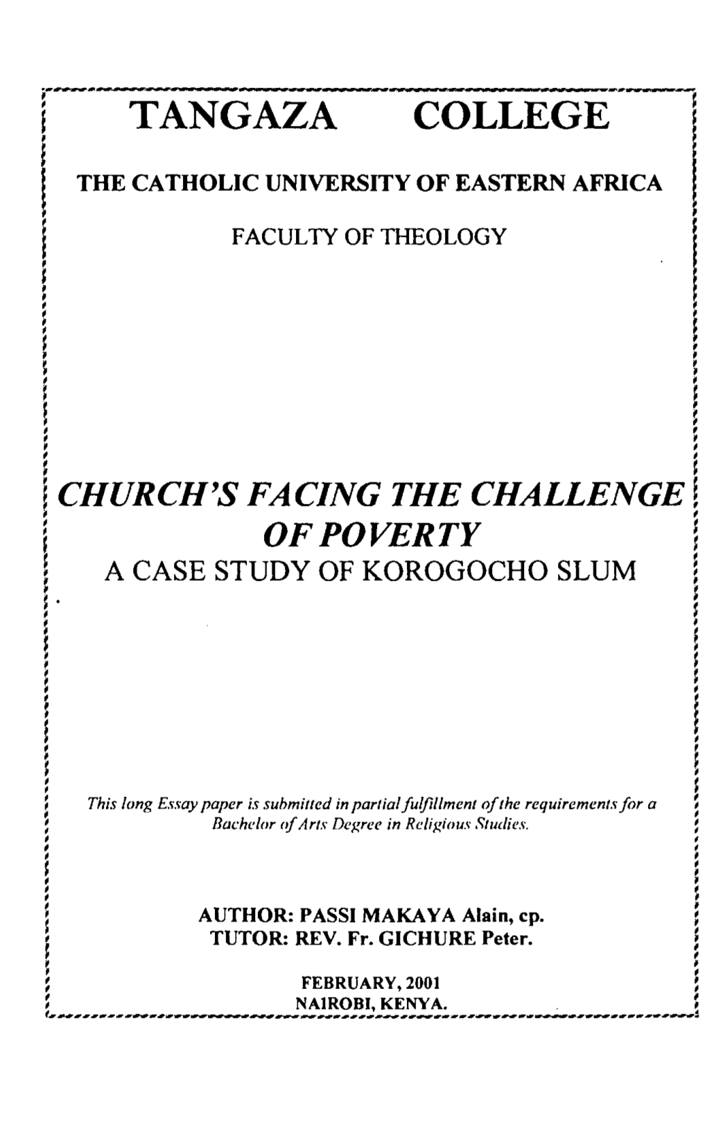 Church's Facing the Challenge of Poverty a Case Study of Korogocho Slum