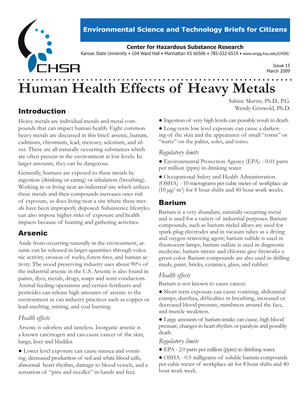 Human Health Effects of Heavy Metals Sabine Martin, Ph.D., P.G