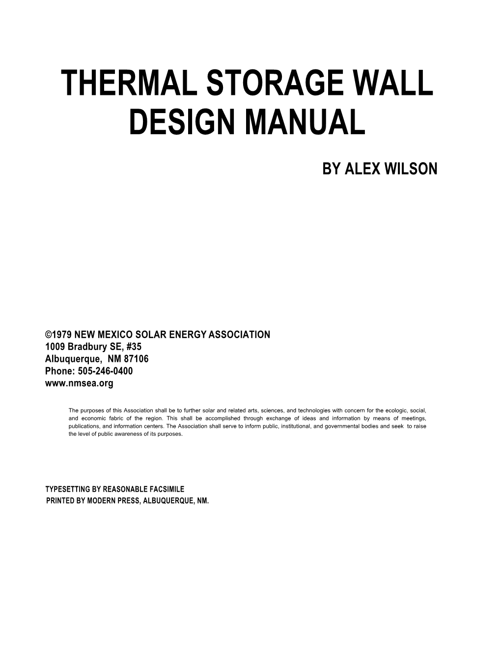 Thermal Storage Wall Design Manual