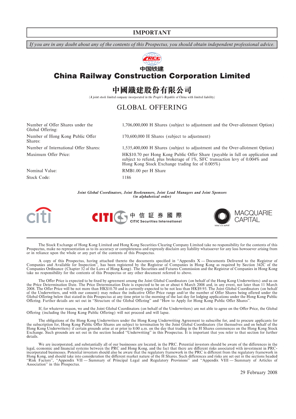 China Railway Construction Corporation Limited LR8.02