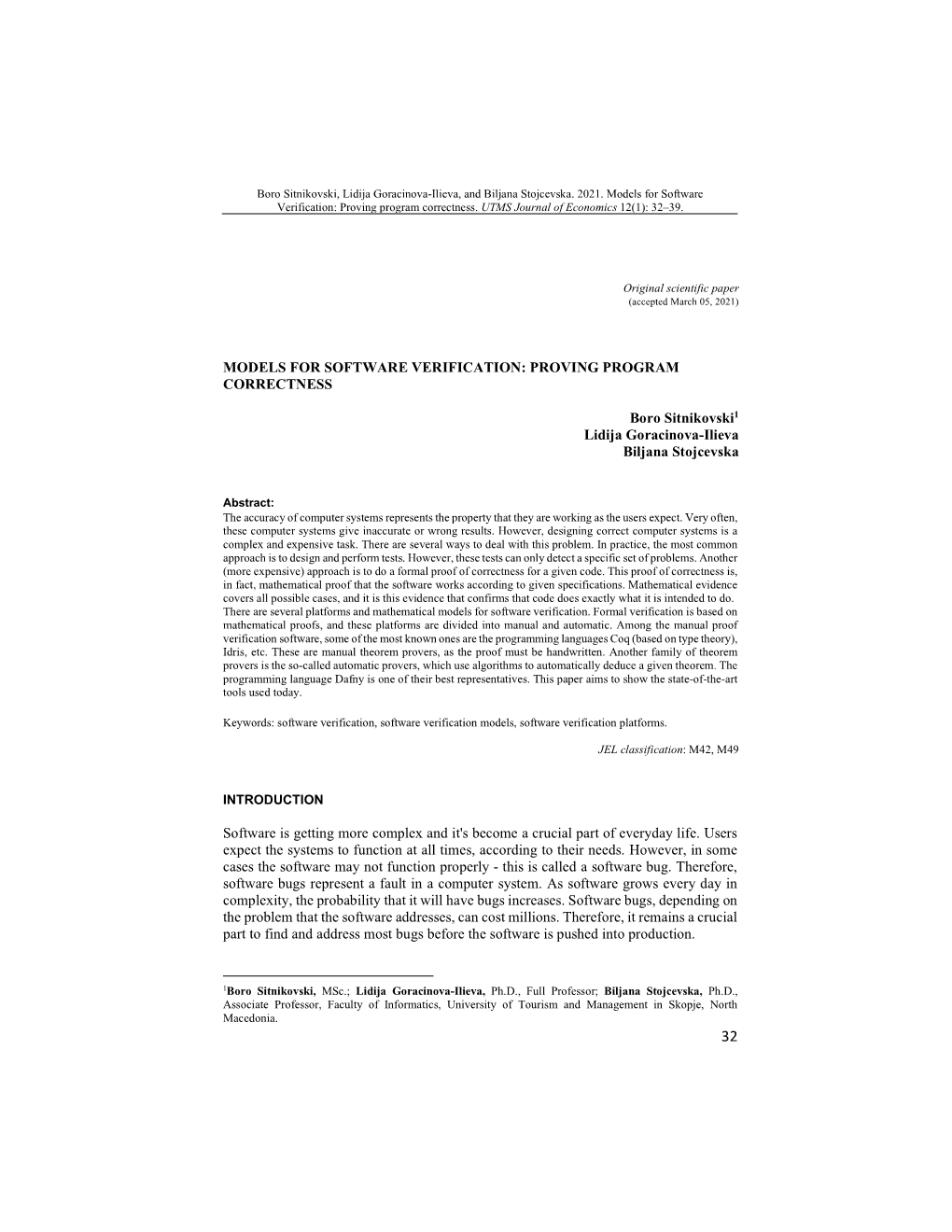 MODELS for SOFTWARE VERIFICATION: PROVING PROGRAM CORRECTNESS Boro Sitnikovski1 Lidija Goracinova-Ilieva Biljana Stojcevska Soft