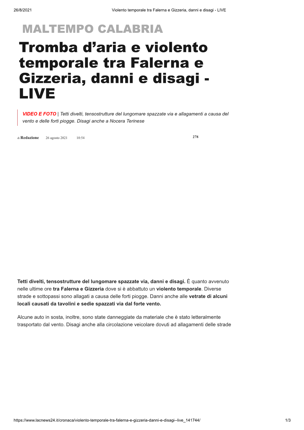 Tromba D'aria E Violento Temporale Tra Falerna E Gizzeria, Danni E Disagi