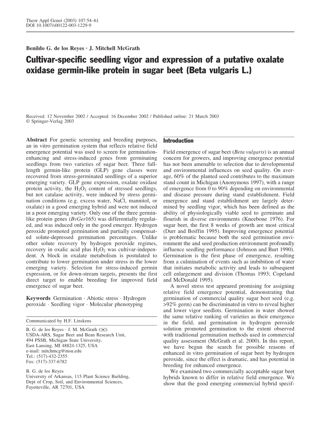 Cultivar-Specific Seedling Vigor and Expression of a Putative Oxalate Oxidase Germin-Like Protein in Sugar Beet (Beta Vulgaris L.)