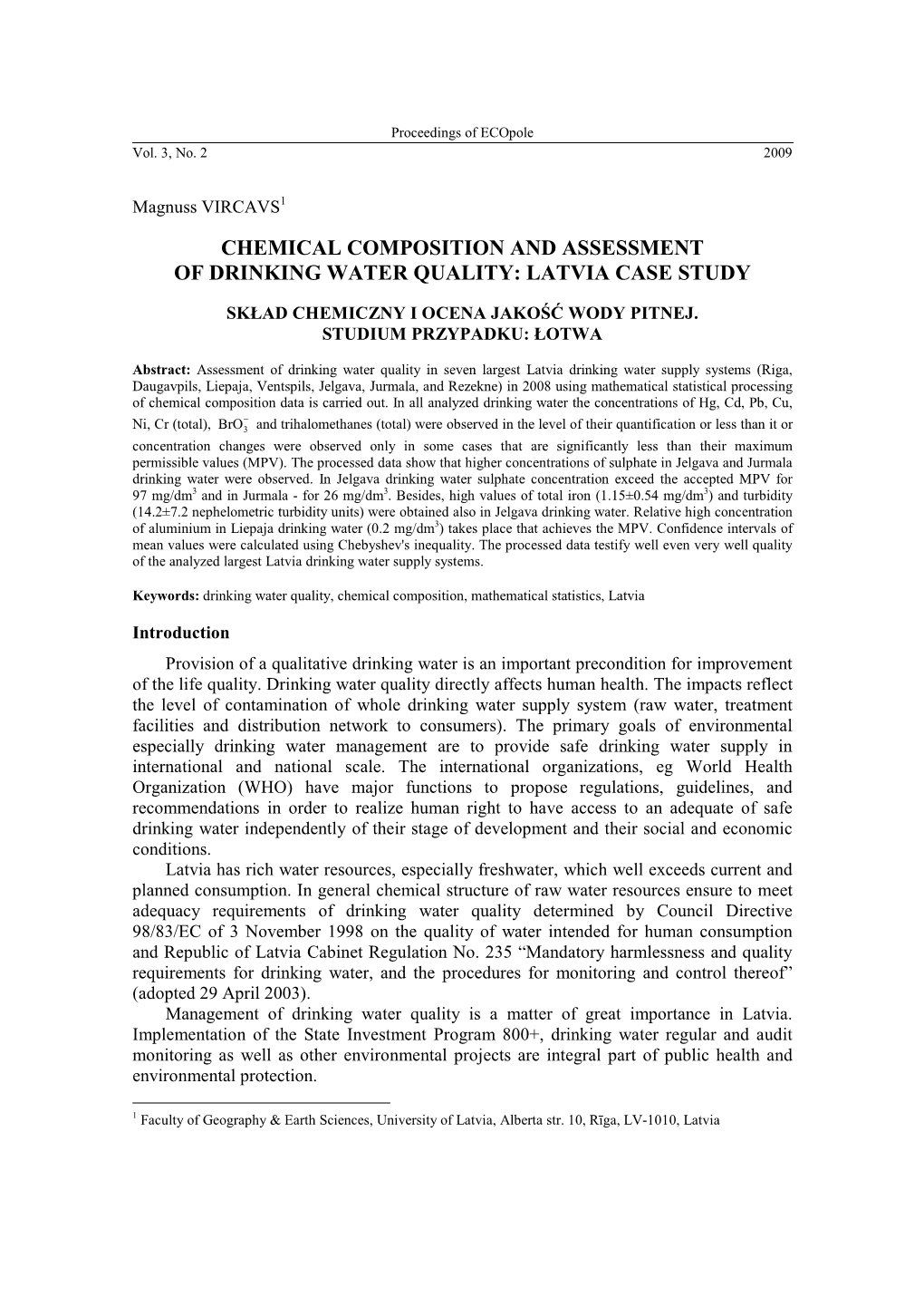 Chemical Composition and Assessment of Drinking Water Quality: Latvia Case Study