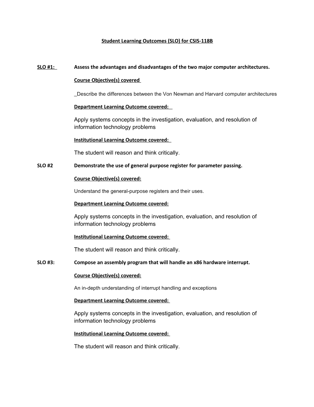 Student Learning Outcomes (SLO) for CSIS-118B