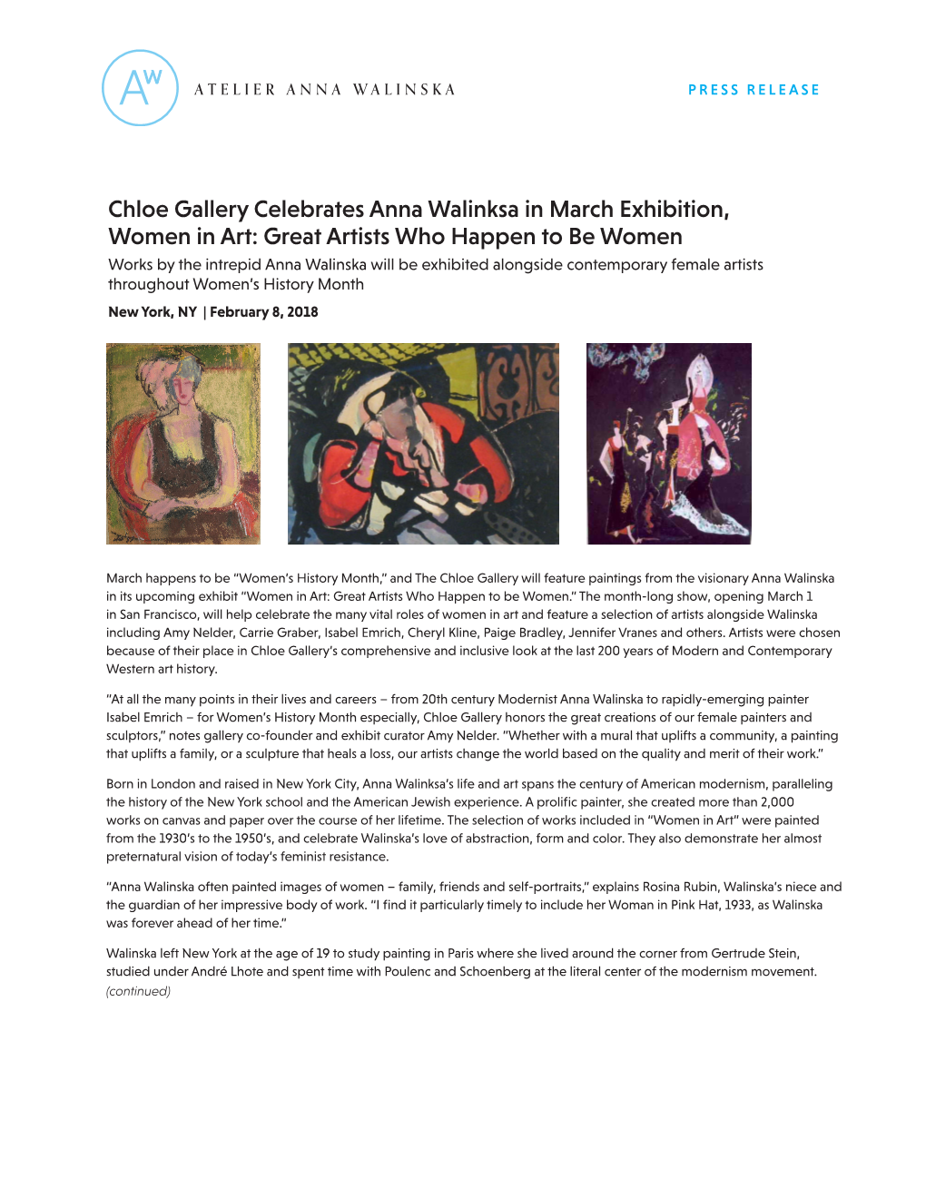 Chloe Gallery Celebrates Anna Walinksa in March