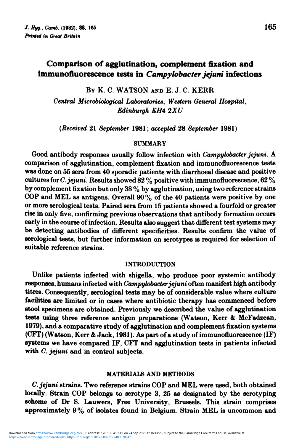 Comparison of Agglutination, Complement Fixation and Immunofluorescence Tests in Campylobacter Jejuni Infections