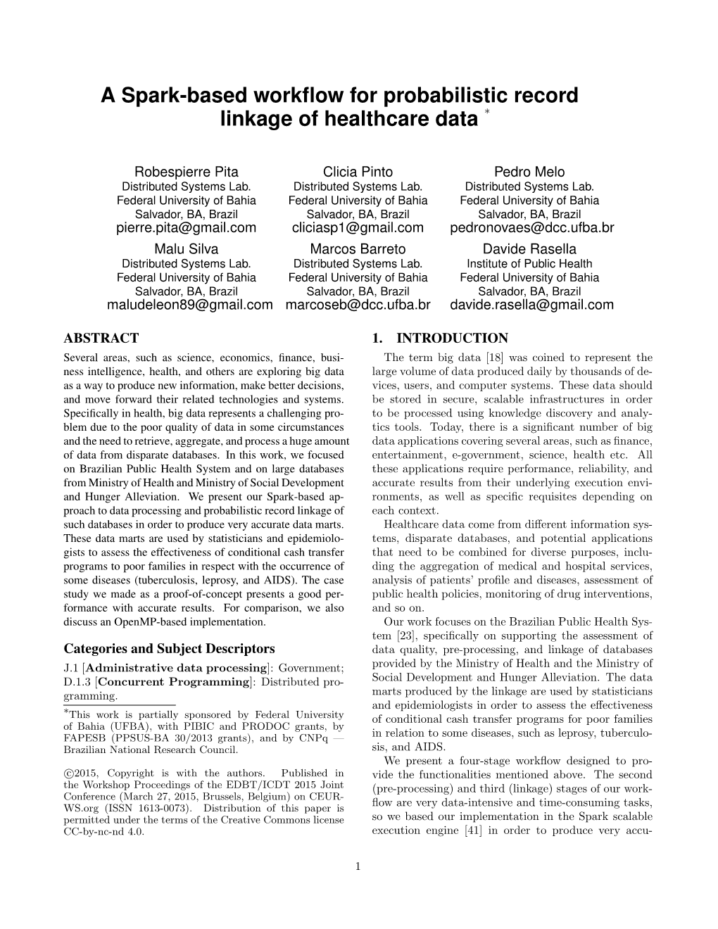 A Spark-Based Workflow for Probabilistic Record Linkage Of