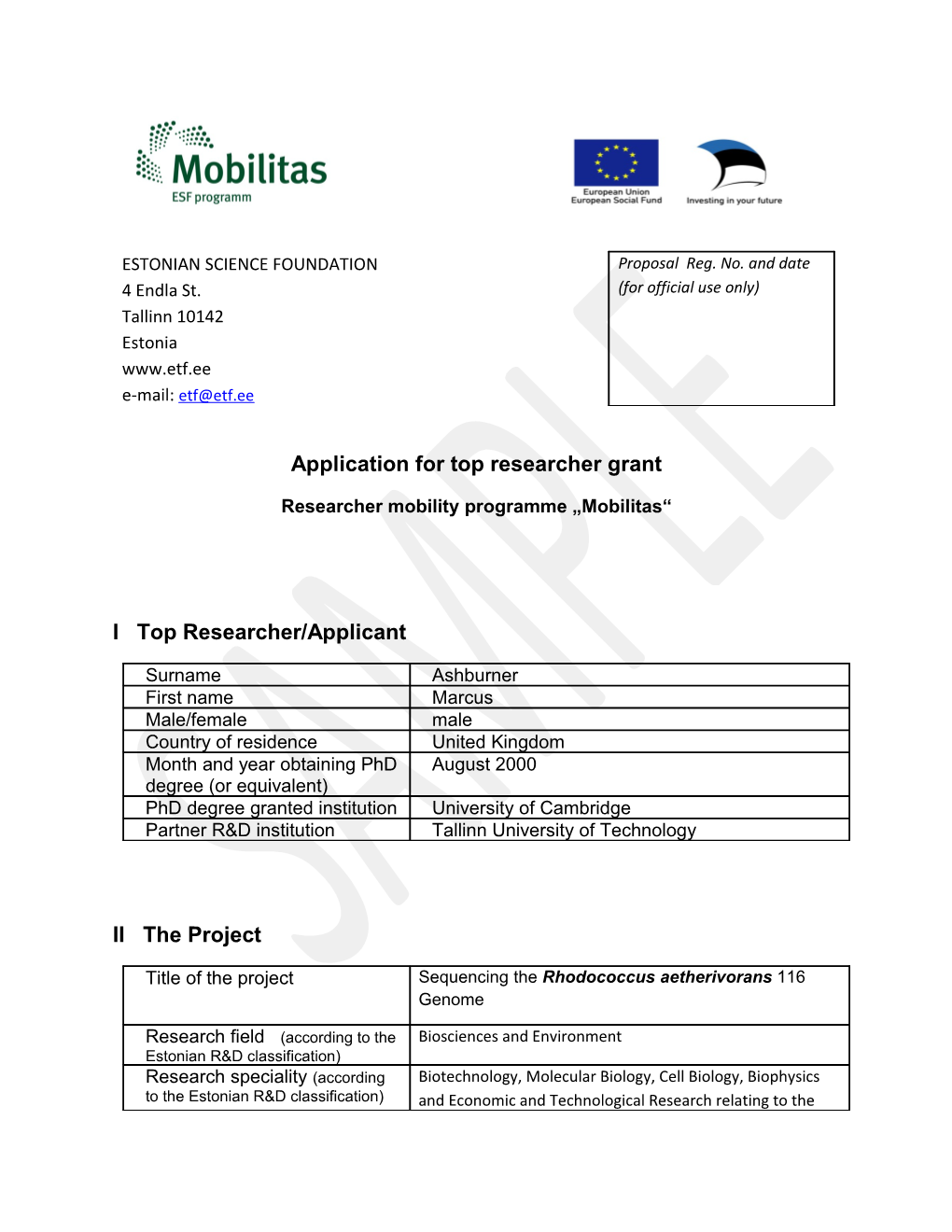 Application for Top Researcher Grant