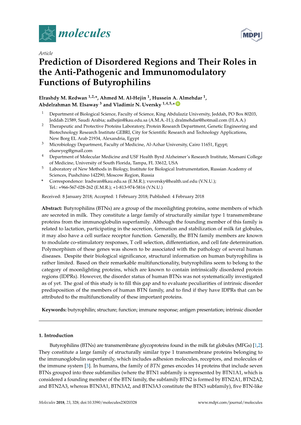 Prediction of Disordered Regions and Their Roles in the Anti-Pathogenic and Immunomodulatory Functions of Butyrophilins