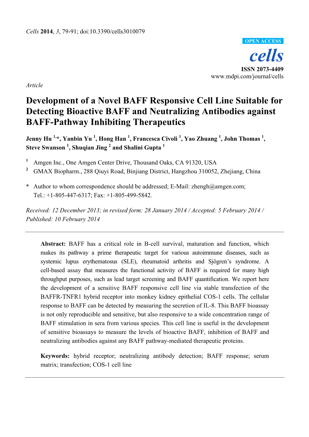 Development of a Novel BAFF Responsive Cell Line Suitable for Detecting Bioactive BAFF and Neutralizing Antibodies Against BAFF-Pathway Inhibiting Therapeutics