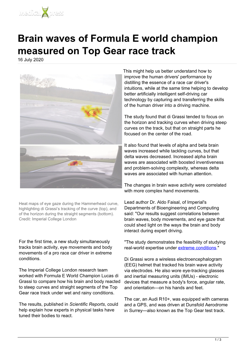 Brain Waves of Formula E World Champion Measured on Top Gear Race Track 16 July 2020