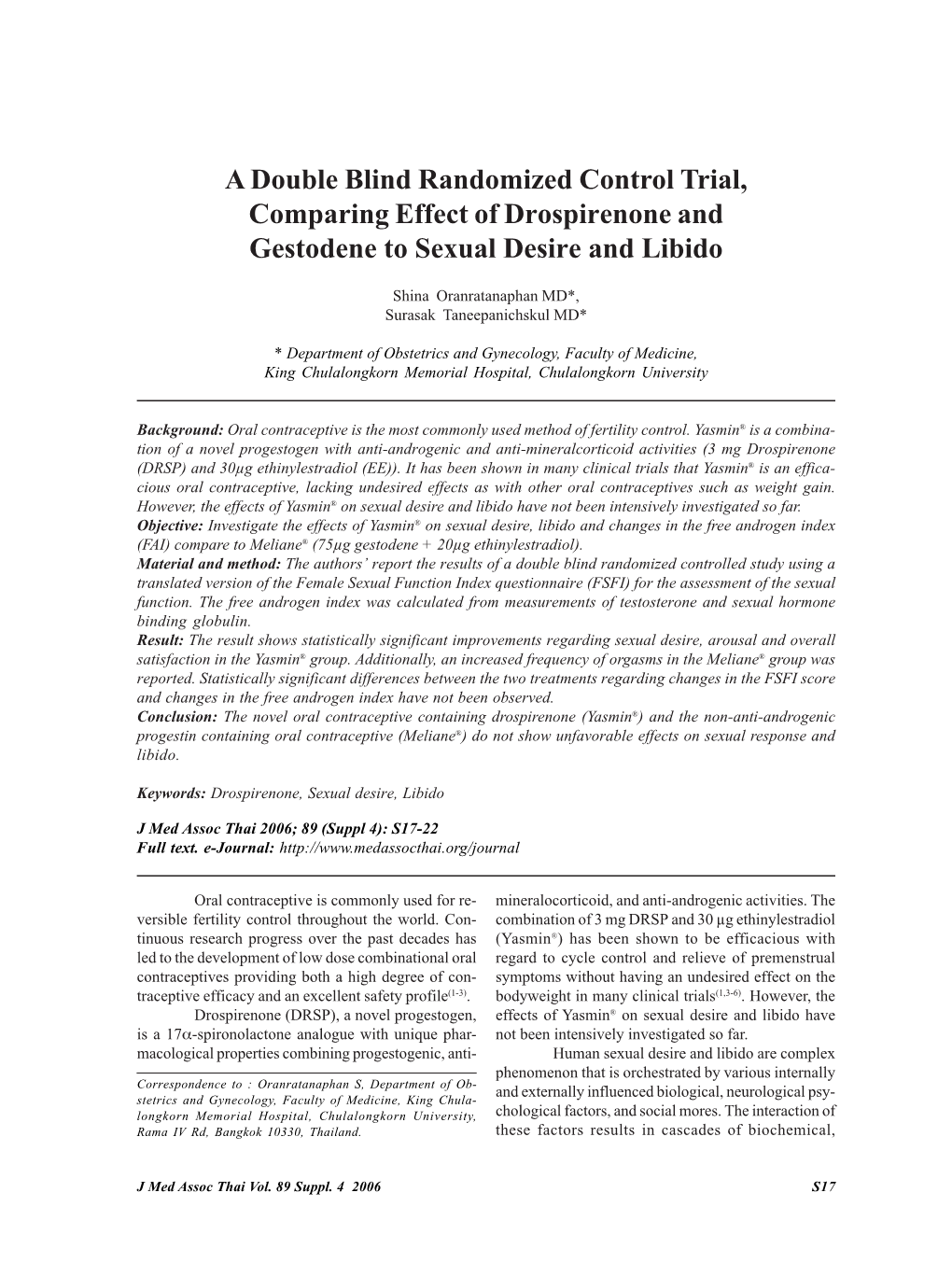 A Double Blind Randomized Control Trial, Comparing Effect of Drospirenone and Gestodene to Sexual Desire and Libido