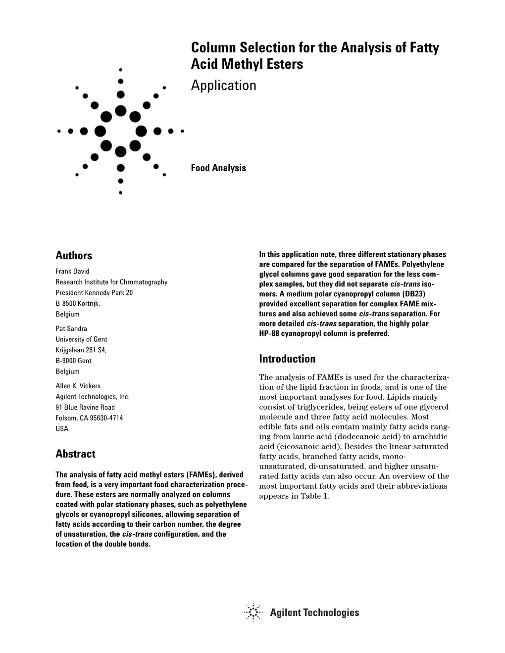 Column Selection for the Analysis of Fatty Acid Methyl Esters Application