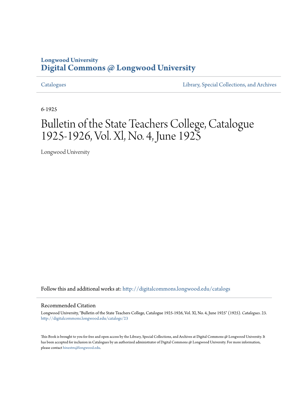 Bulletin of the State Teachers College, Catalogue 1925-1926, Vol