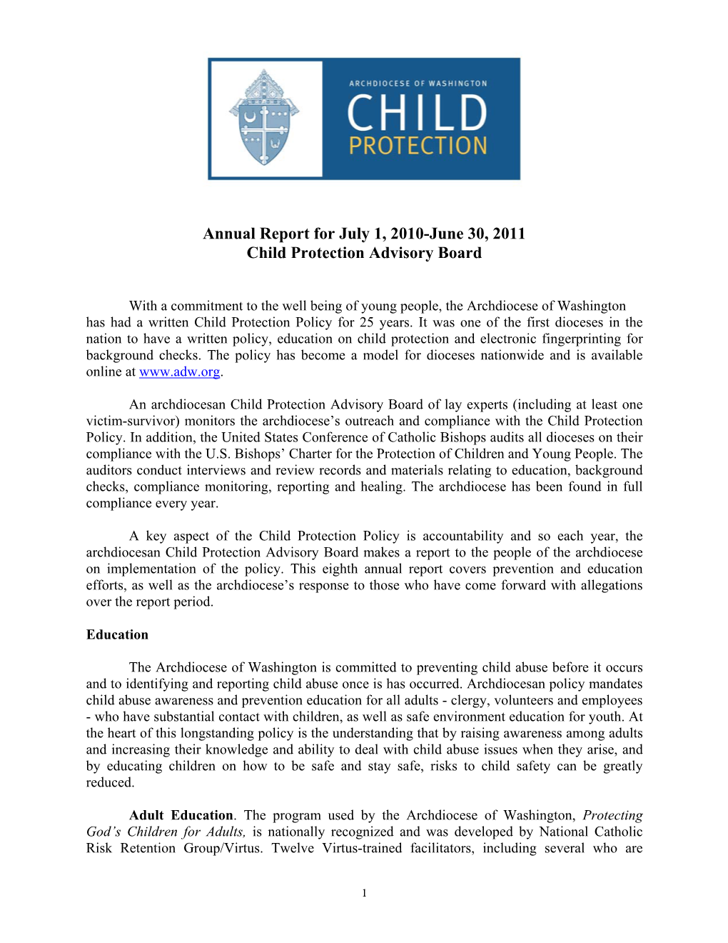 Annual Report for July 1, 2010-June 30, 2011 Child Protection Advisory Board