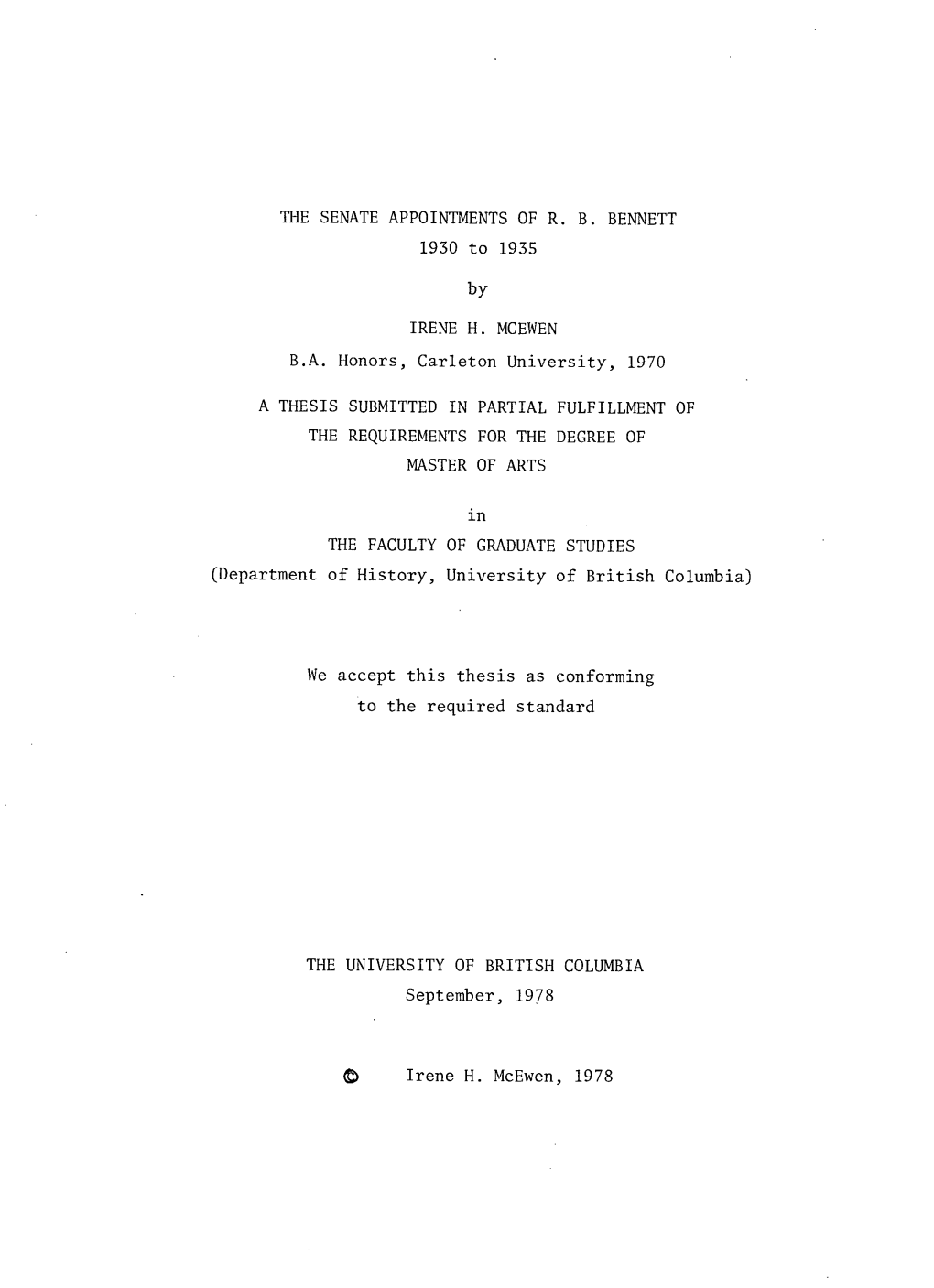 THE SENATE APPOINTMENTS of R. B. BENNETT 1930 to 1935 By