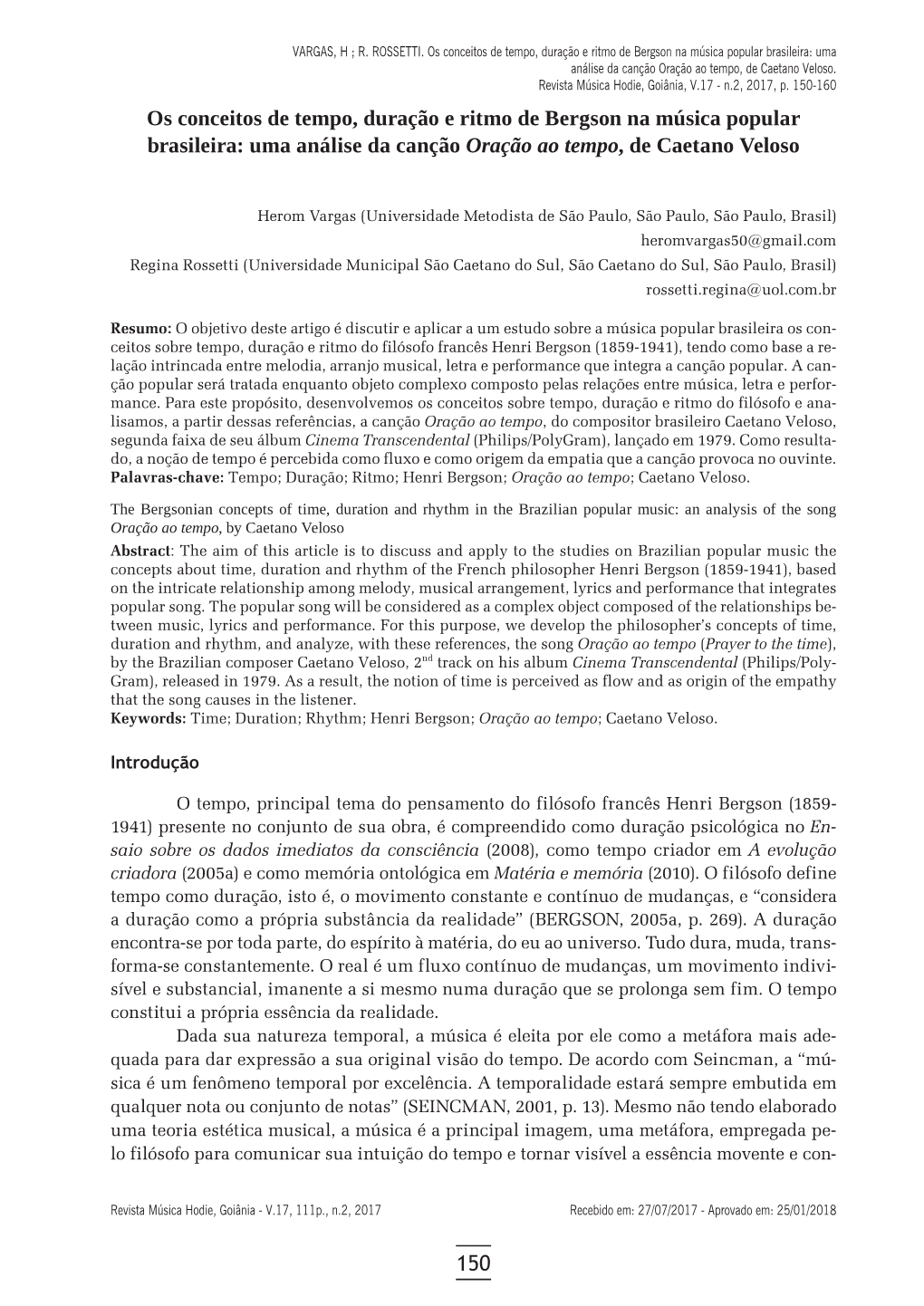 150 Os Conceitos De Tempo, Duração E Ritmo De Bergson Na Música Popular Brasileira
