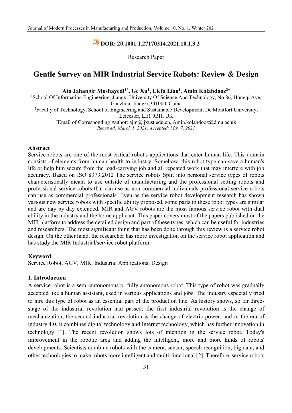 Gentle Survey on MIR Industrial Service Robots: Review & Design