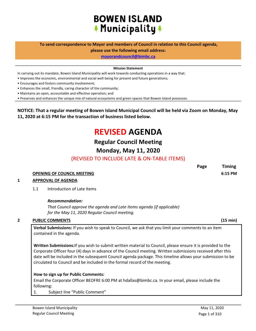 Regular Council Meeting Monday, May 11, 2020
