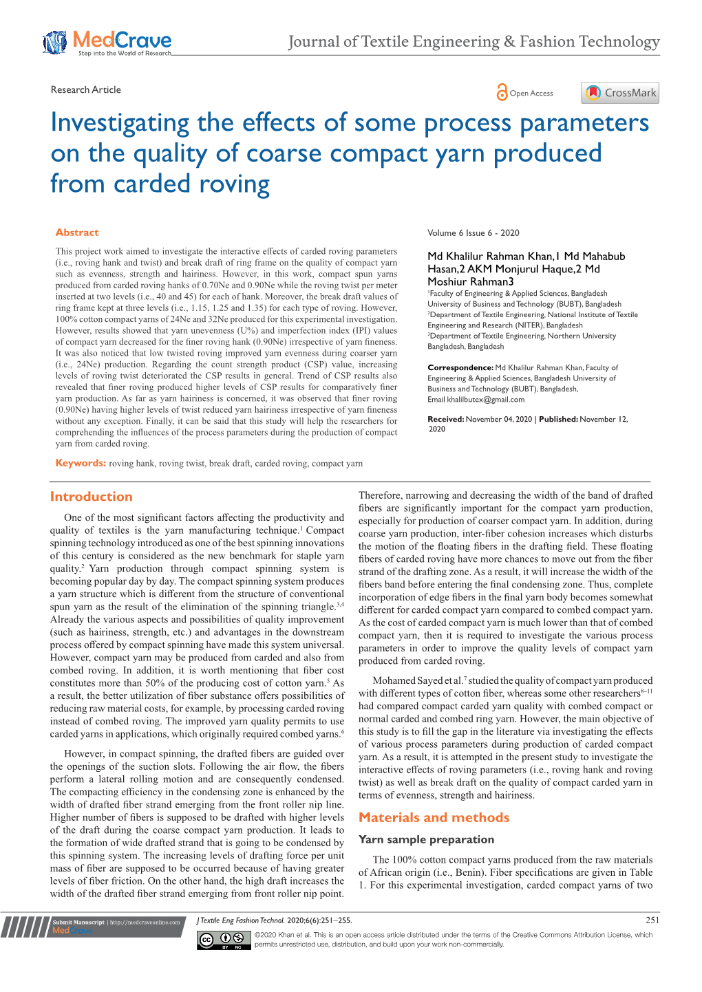 Investigating the Effects of Some Process Parameters on the Quality of Coarse Compact Yarn Produced from Carded Roving