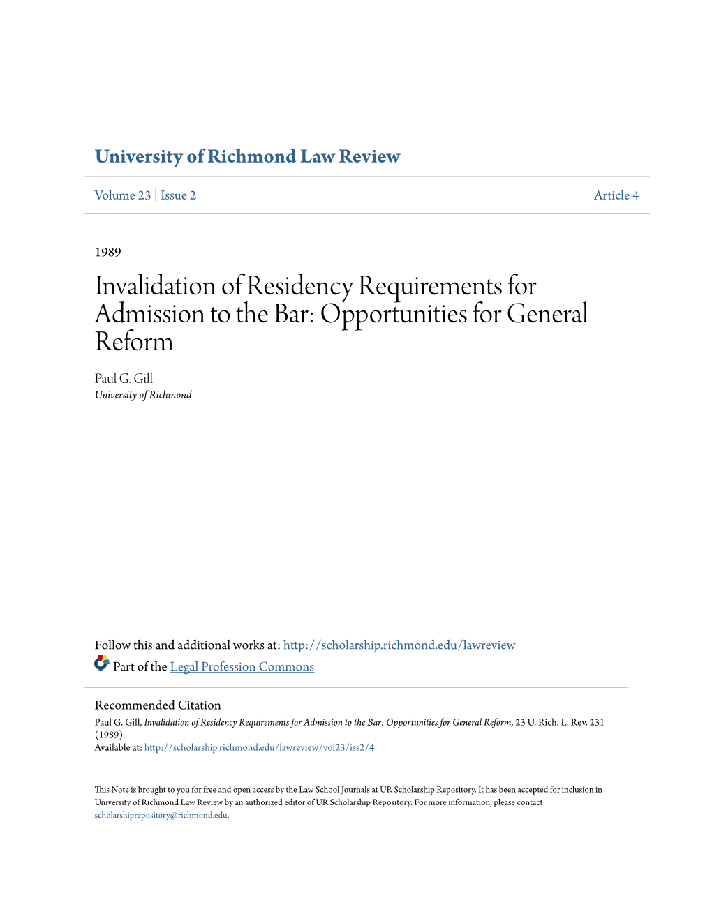 Invalidation of Residency Requirements for Admission to the Bar: Opportunities for General Reform Paul G