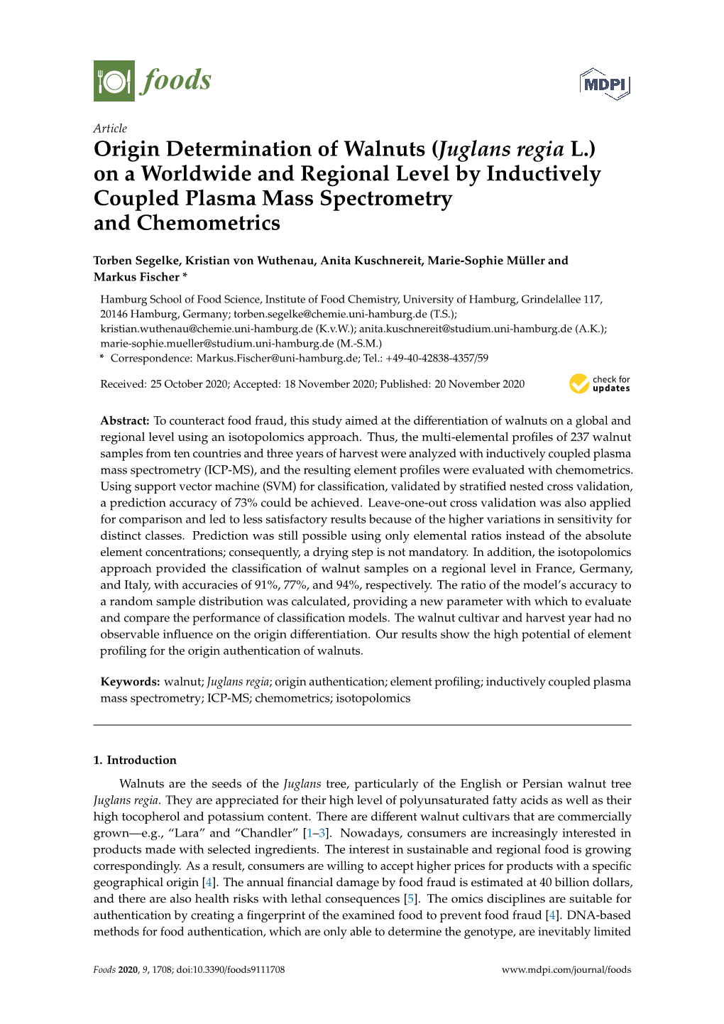 Juglans Regia L.) on a Worldwide and Regional Level by Inductively Coupled Plasma Mass Spectrometry and Chemometrics