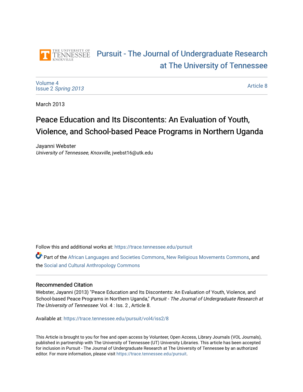 An Evaluation of Youth, Violence, and School-Based Peace Programs in Northern Uganda