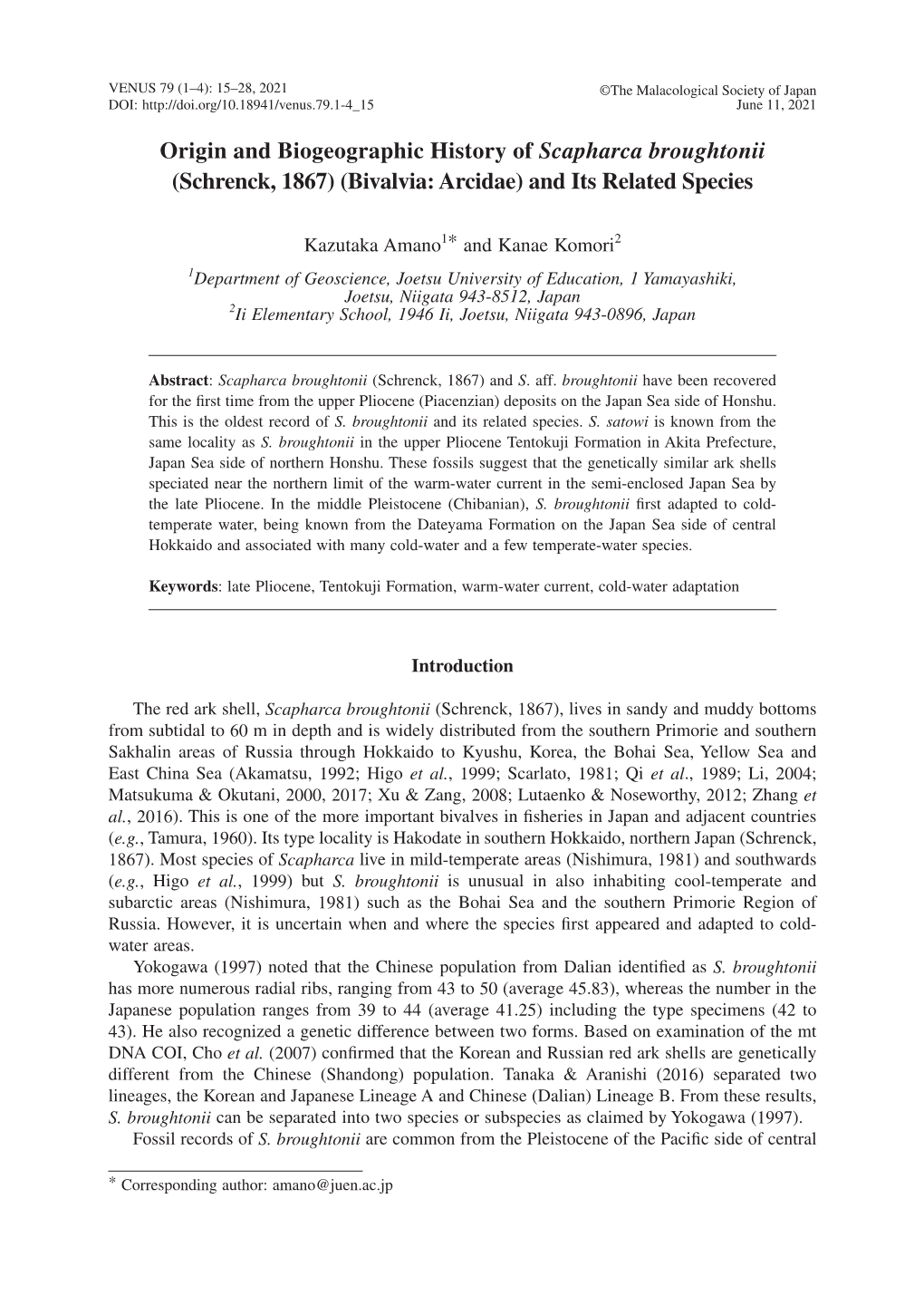 Origin and Biogeographic History of Scapharca Broughtonii (Schrenck, 1867) (Bivalvia: Arcidae) and Its Related Species