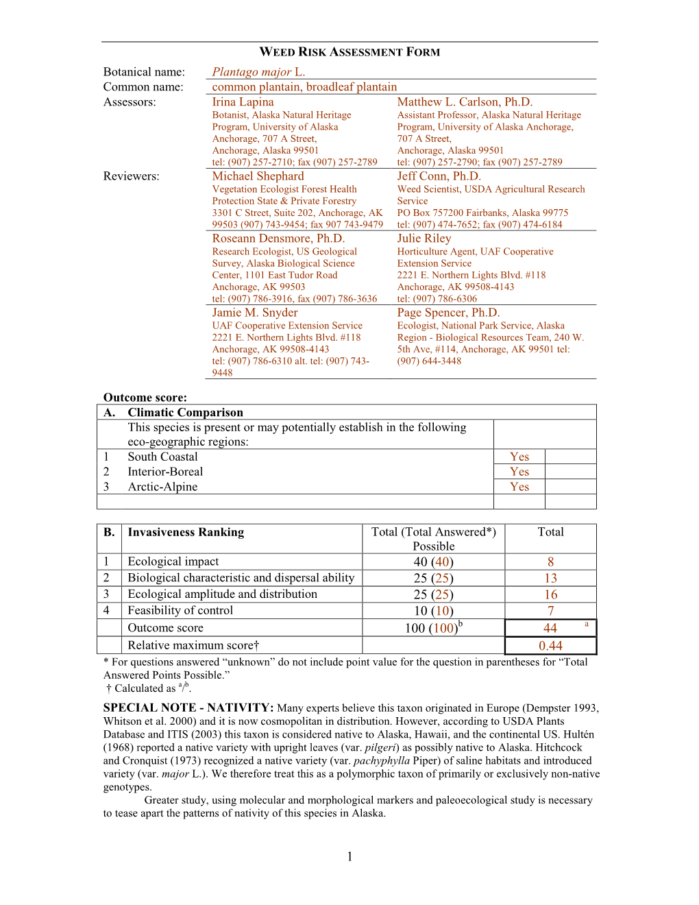 Plant Invasiveness Assessment System For