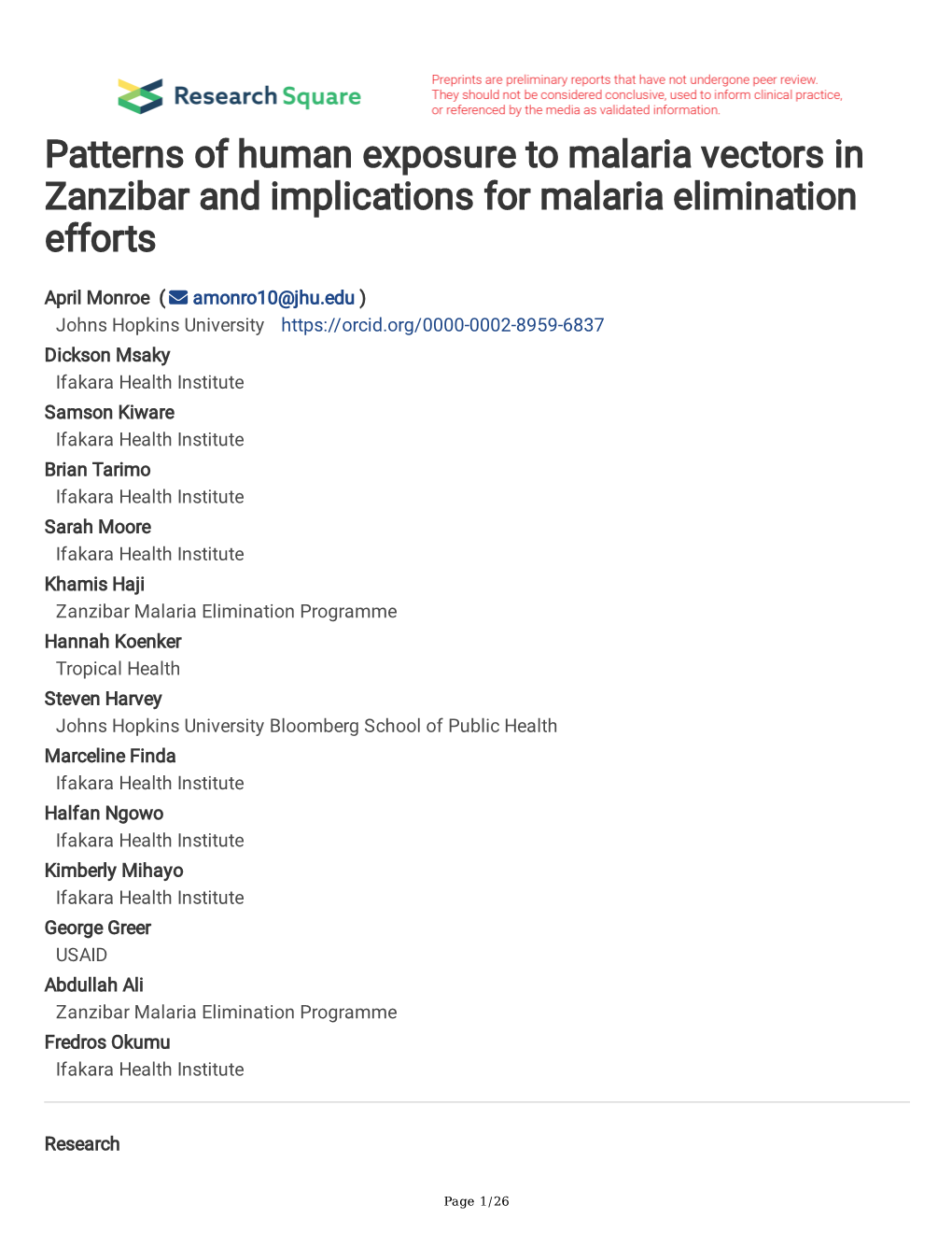 Patterns of Human Exposure to Malaria Vectors in Zanzibar and Implications for Malaria Elimination Efforts