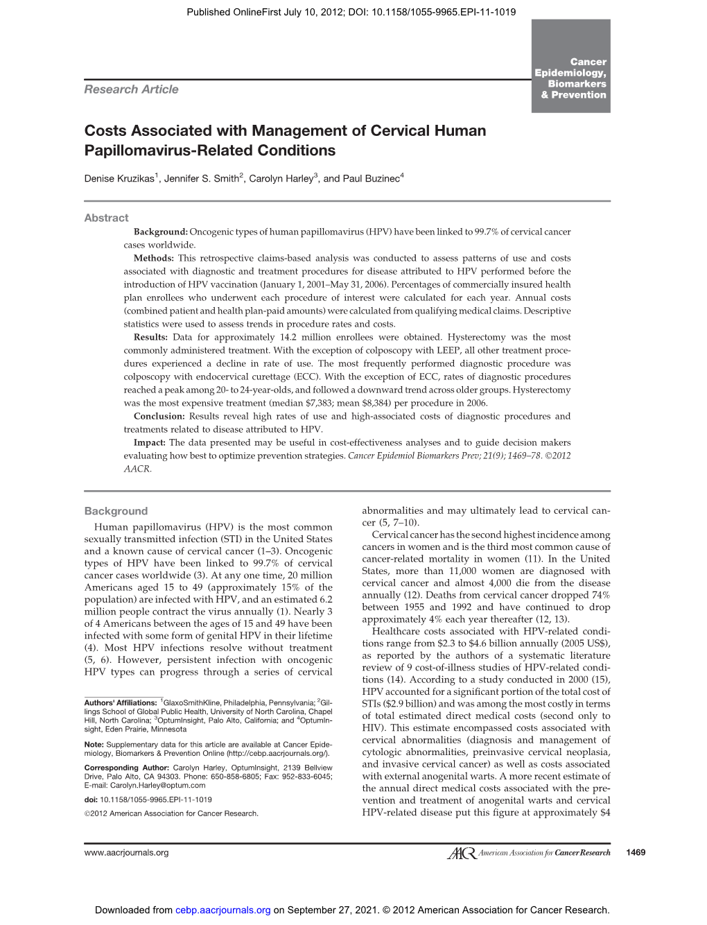 Costs Associated with Management of Cervical Human Papillomavirus-Related Conditions