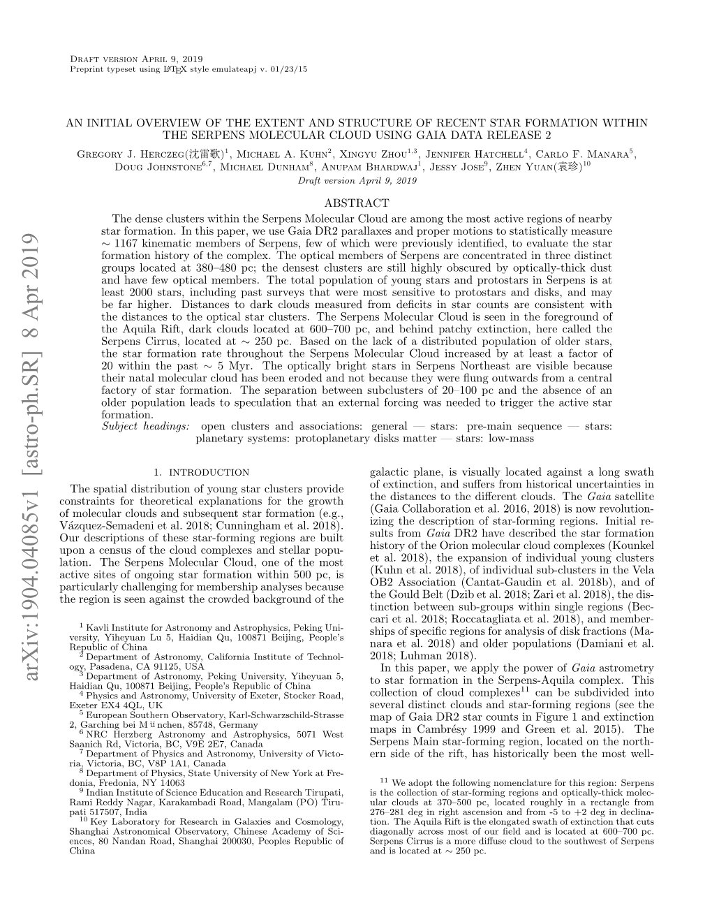 AN INITIAL OVERVIEW of the EXTENT and STRUCTURE of RECENT STAR FORMATION WITHIN the SERPENS MOLECULAR CLOUD USING GAIA DATA RELEASE 2 Gregory J