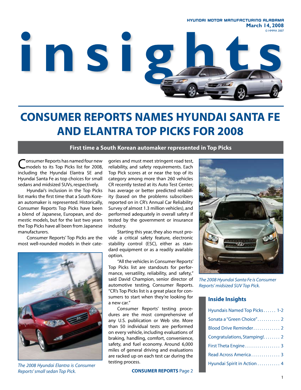 Consumer Reports Names Hyundai Santa Fe and Elantra Top Picks for 2008