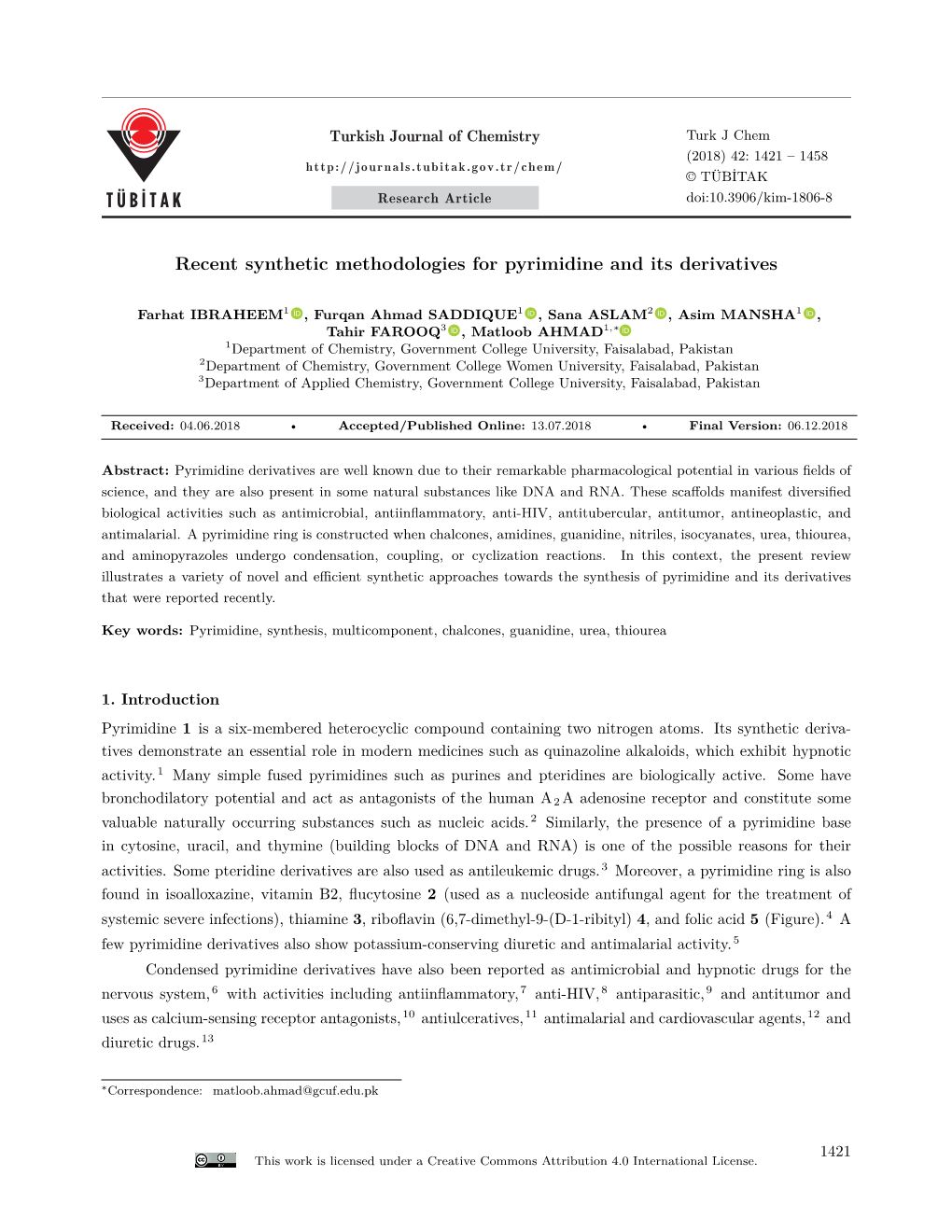 Recent Synthetic Methodologies for Pyrimidine and Its Derivatives