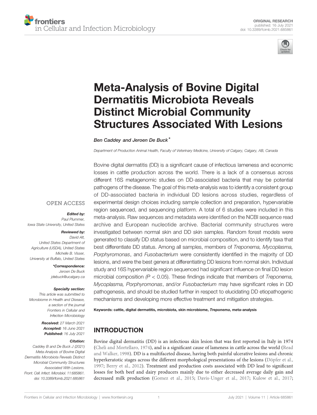 Meta-Analysis of Bovine Digital Dermatitis Microbiota Reveals Distinct Microbial Community Structures Associated with Lesions