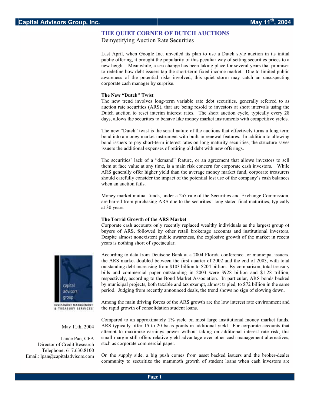 Capital Advisors Group, Inc. May 11Th, 2004 the QUIET CORNER