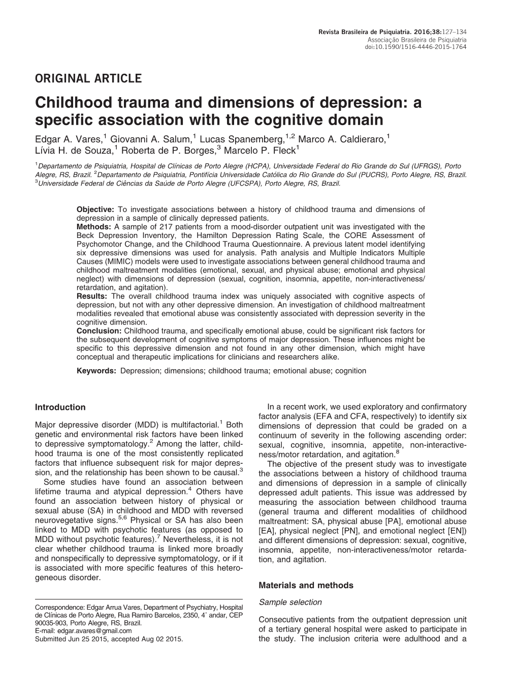 Childhood Trauma and Dimensions of Depression: a Specific Association