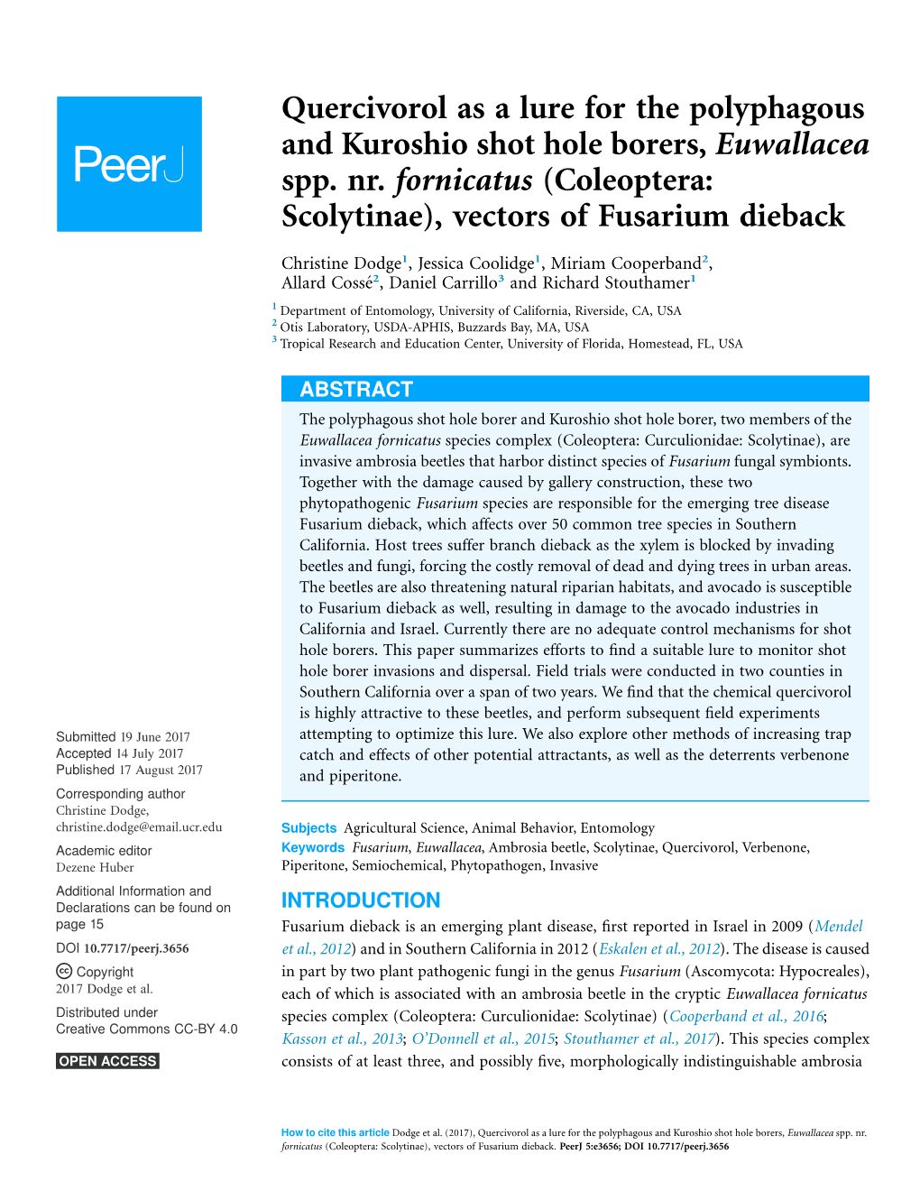 (Coleoptera: Scolytinae), Vectors of Fusarium Dieback