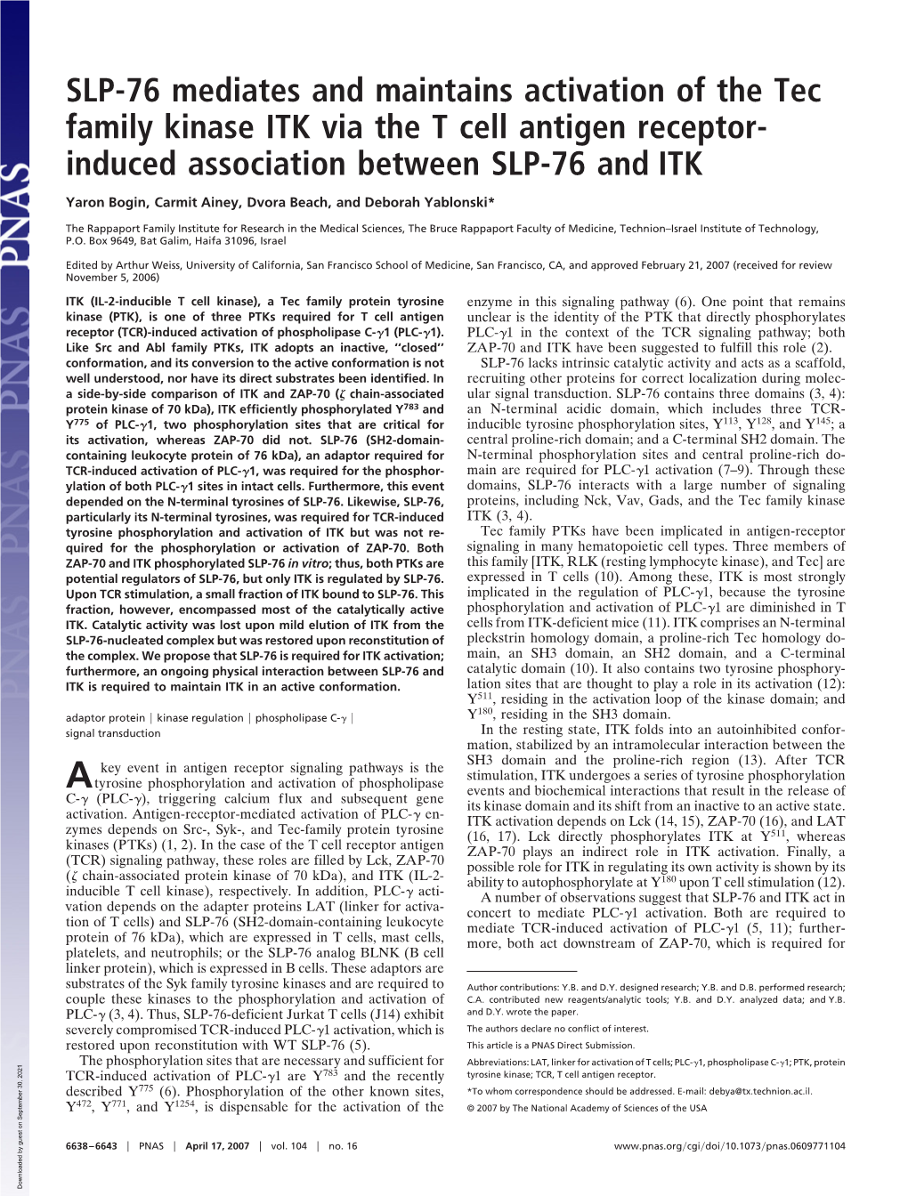 Induced Association Between SLP-76 and ITK